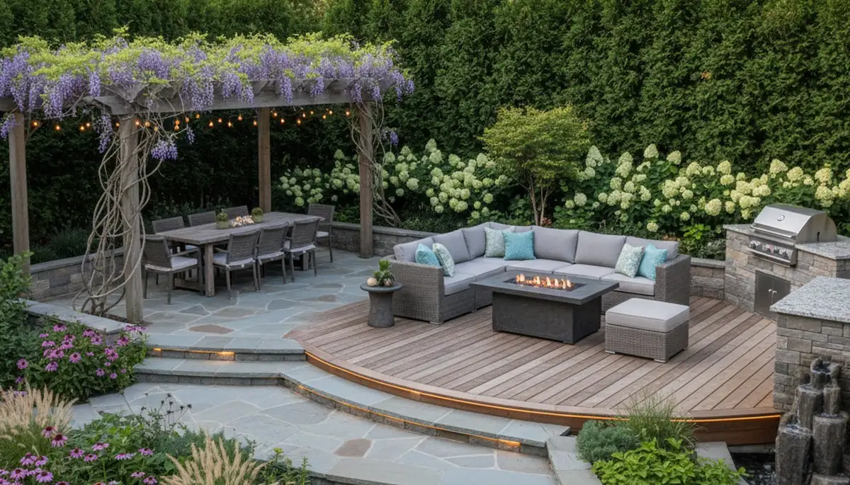 Backyard patio with lighting and landscaping design for outdoor entertaining in Aurora, CO