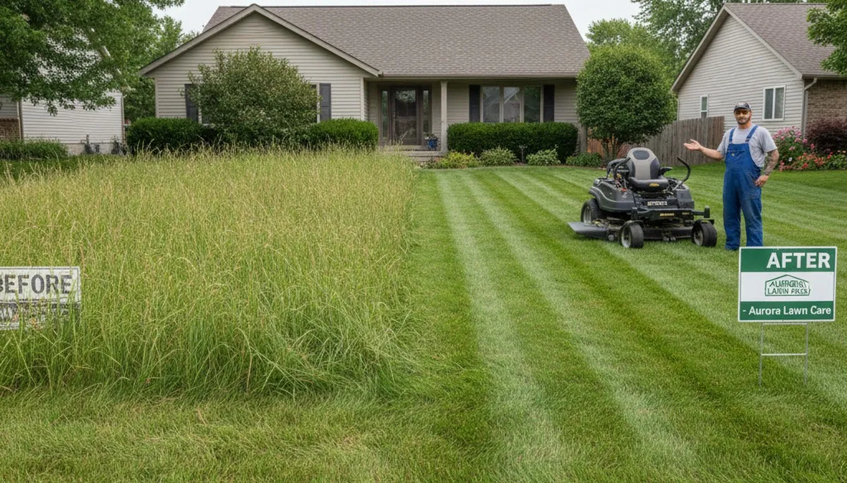 Before and after professional lawn mowing showing property transformation in Aurora, CO