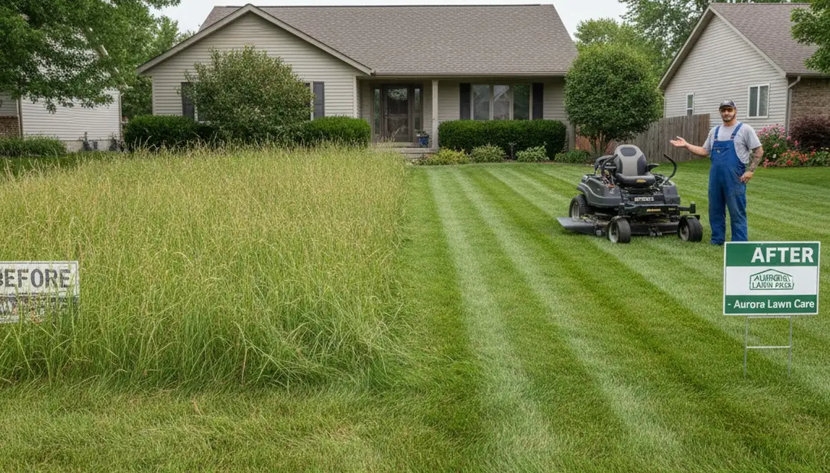 Before and after professional lawn mowing showing property transformation in Aurora, CO