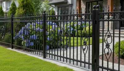 Black ornamental metal fence installation by Chop Chop Landscaping in Aurora, CO showcasing expert craftsmanship