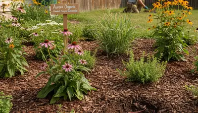 Organic landscape beds with lush plants and natural mulch in Aurora, CO sustainable landscaping
