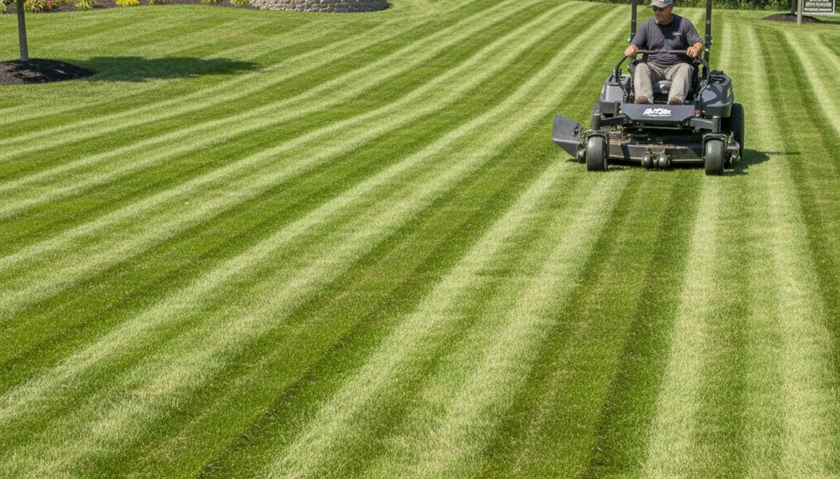 Commercial mower creating precise lawn stripes during professional mowing in Aurora, CO