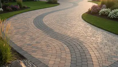 Curved paver driveway design by professional landscapers in Aurora, CO showcasing expert craftsmanship
