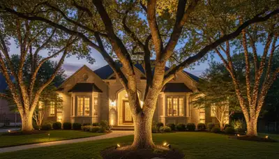 Dramatic tree uplighting design by professional landscape lighting experts in Aurora, Colorado