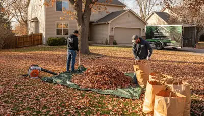 Professional landscapers performing fall leaf removal and yard clean up in Aurora, CO