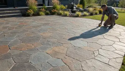 Flagstone patio installation with natural stone pavers by professional landscapers in Aurora, CO