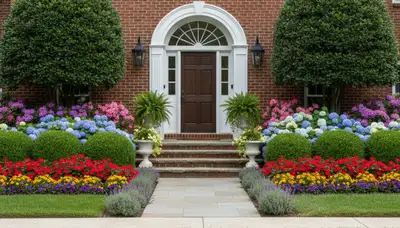 Front yard landscape design with colorful shrubs and flowers by Chop Chop Landscaping in Aurora, CO