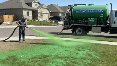 Hydroseeder truck spraying green lawn slurry at Aurora CO home by Chop Chop Landscaping