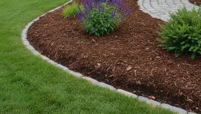 Freshly edged mulch bed with clean borders in Aurora, CO showcasing professional landscaping work