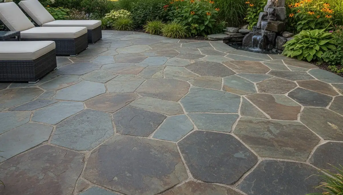 Modern large format stone slab patio installation by professional landscapers in Aurora, CO