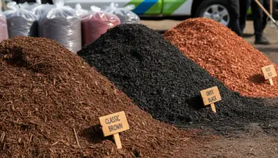 Brown, black, and red mulch options displayed for Aurora, CO landscaping by Chop Chop Landscaping