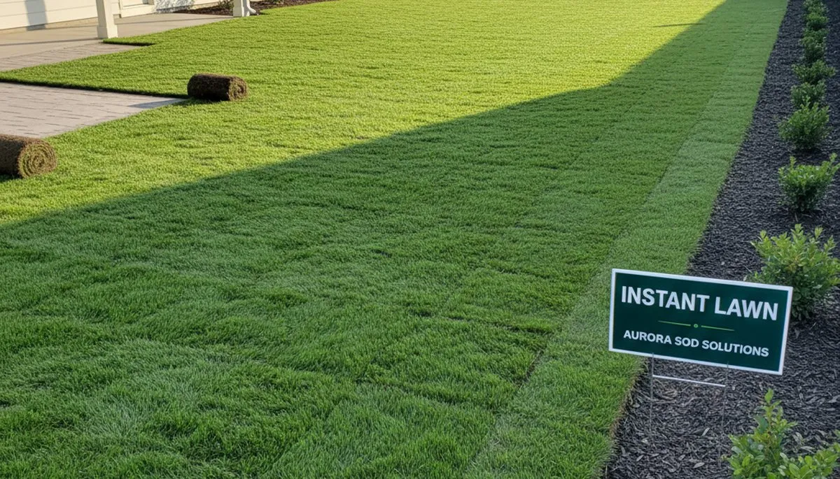 Freshly installed vibrant green sod lawn by professional landscapers in Aurora, CO