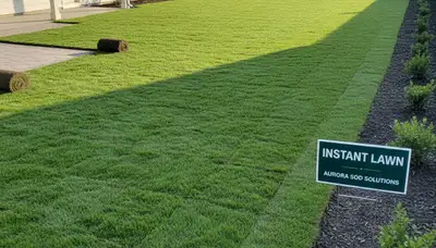 Freshly installed vibrant green sod lawn by professional landscapers in Aurora, CO