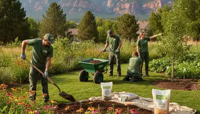 Technicians applying organic compost and soil amendments for sustainable landscaping in Aurora, CO