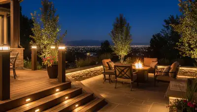 Illuminated deck and patio with professional landscape lighting design in Aurora, CO