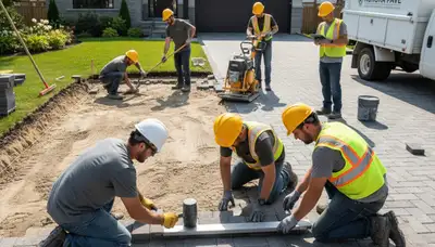 Crew installing driveway pavers in Aurora, CO showcasing professional landscaping craftsmanship