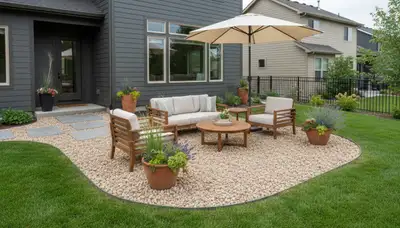 Pea gravel patio with edging and furniture in Aurora, CO by Chop Chop Landscaping