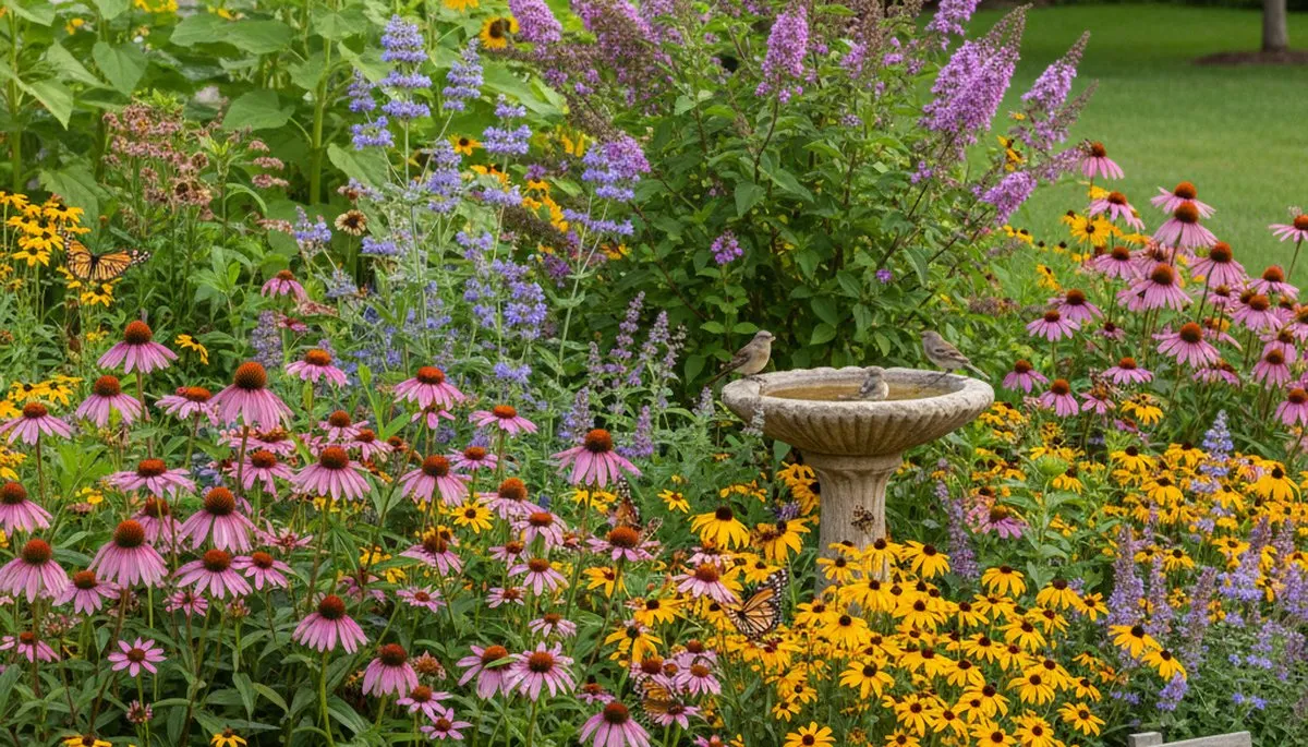 Pollinator-friendly native garden with flowers and bees by organic landscapers in Aurora, CO