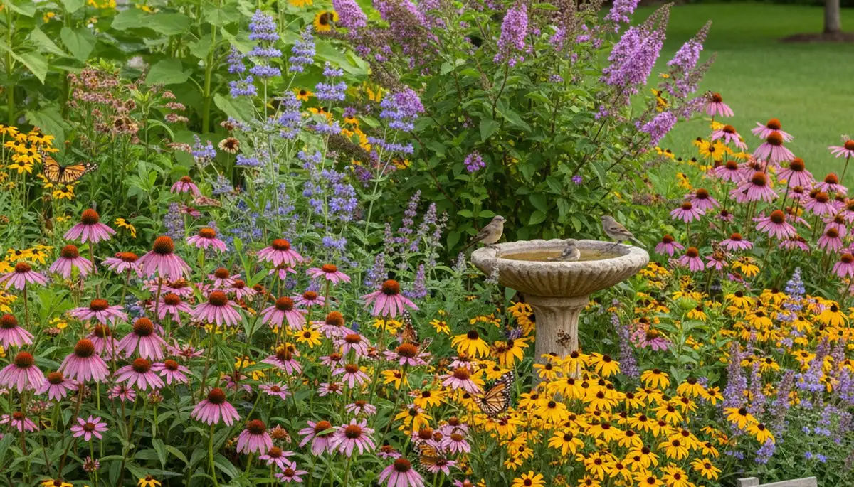 Pollinator-friendly native garden with flowers and bees by organic landscapers in Aurora, CO