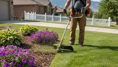 Technician edging lawn with string trimmer for precise landscaping detail in Aurora, CO