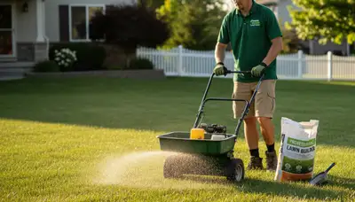 Lawn care technician fertilizing residential yard with spreader in Aurora, CO by Chop Chop Landscaping