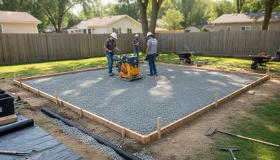Leveled gravel shed foundation prep by landscaping pros in Aurora, CO for durable shed installation