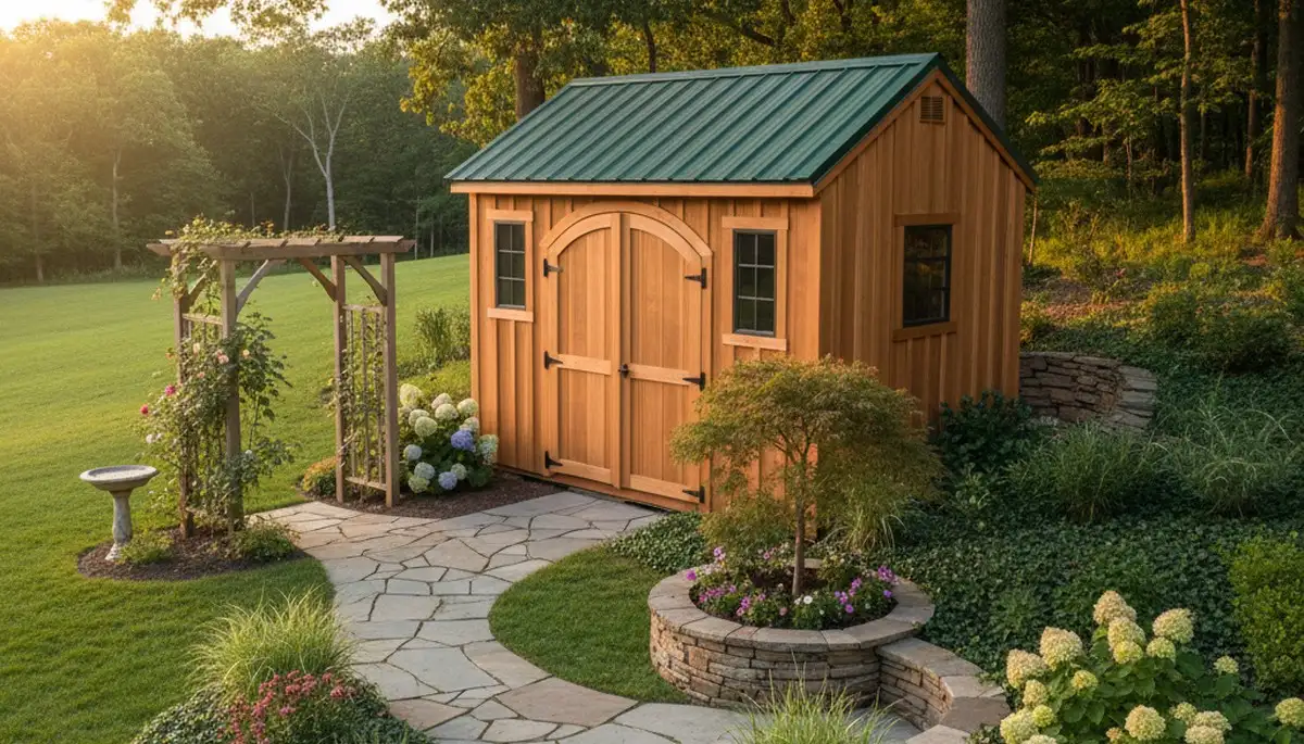 Landscaped shed installation with pathway and plantings in Aurora, CO by Chop Chop Landscaping