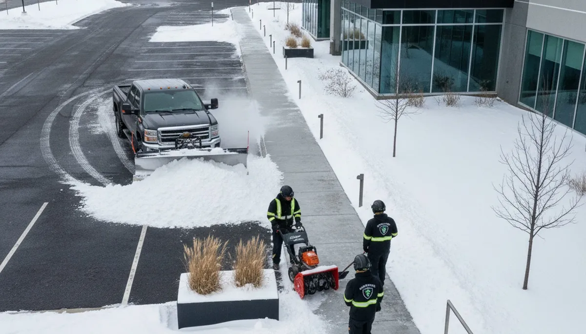 Snow removal crew clearing driveway and walkway in Aurora, CO for safe winter access