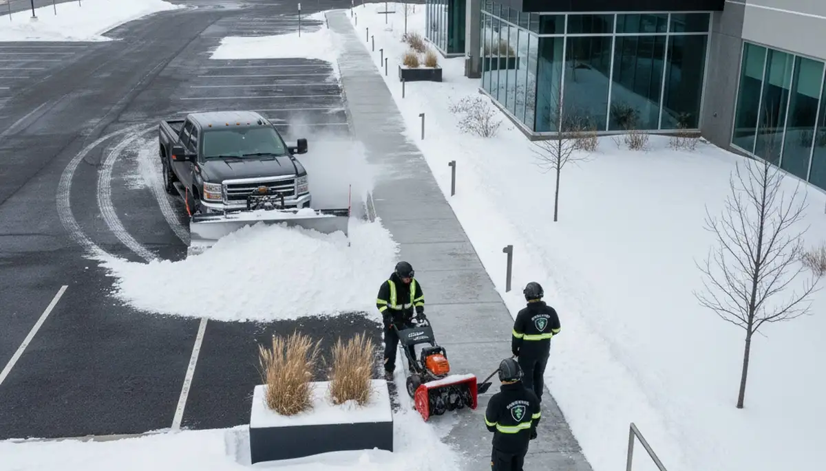 Snow removal crew clearing driveway and walkway in Aurora, CO for safe winter access