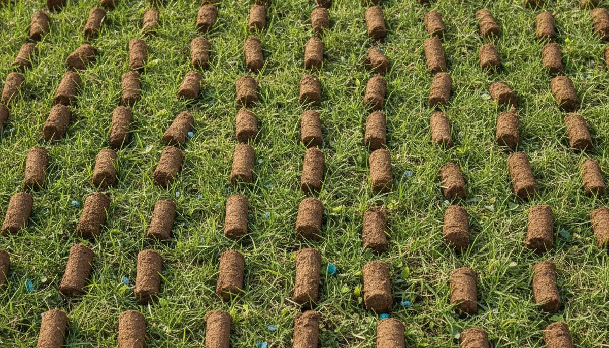 Close-up of lawn soil core plugs after aeration treatment by Chop Chop Landscaping in Aurora, CO