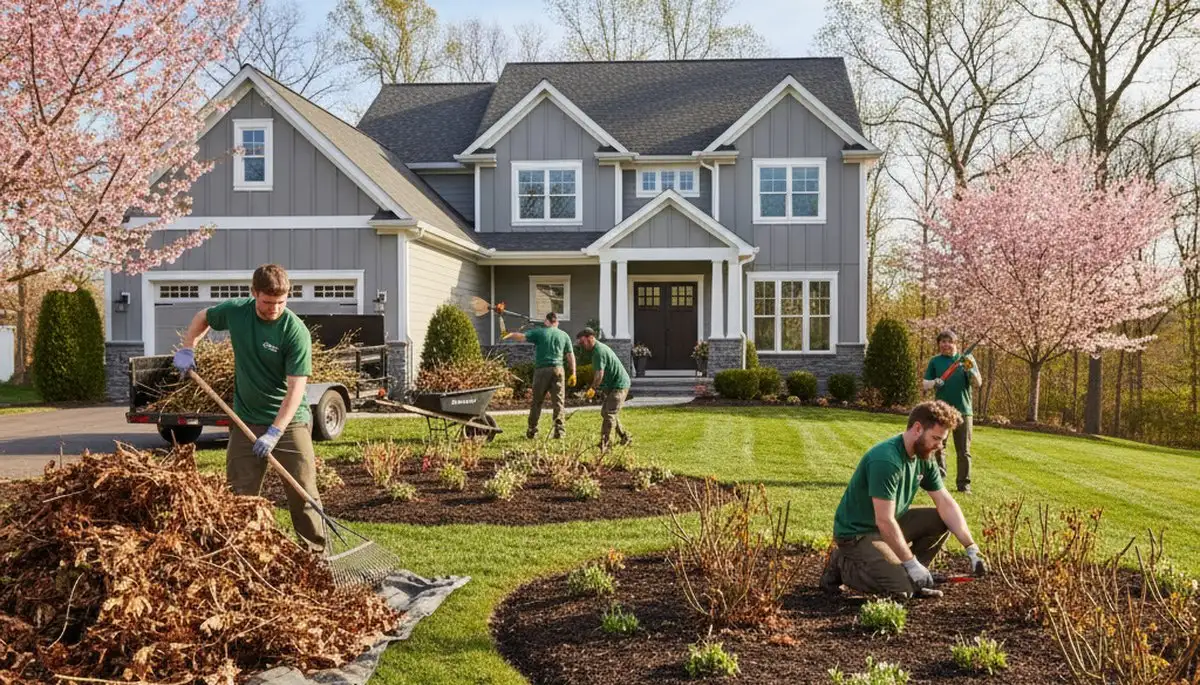 Spring yard cleanup and pruning in Aurora, CO showing debris removal and landscape bed preparation