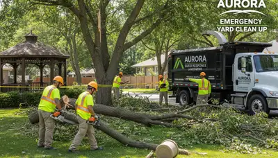 Crew removing storm debris and fallen branches during yard cleanup in Aurora, CO landscaping service