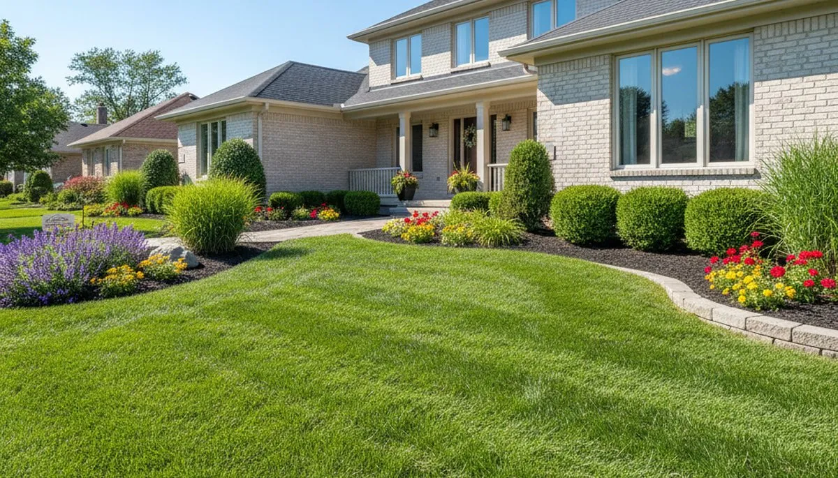 Lush green lawn and tidy garden beds after professional lawn maintenance in Aurora, CO