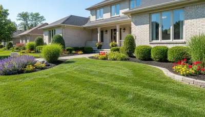 Lush green lawn and tidy garden beds after professional lawn maintenance in Aurora, CO
